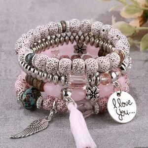 Chic Pink and Silver Beaded Bracelet Set